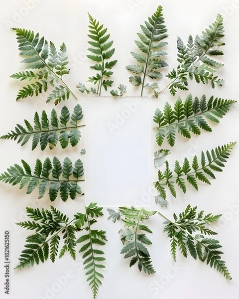 Fototapeta Green fern leaves arranged in a decorative border around a blank white paper
