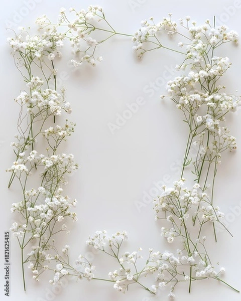 Fototapeta Delicate white baby's breath flowers frame empty space on a soft white background.