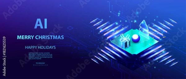 Obraz Christmas Artificial Intelligence futuristic business vector banner. Ai technology holiday card with isometric 3d ornaments.