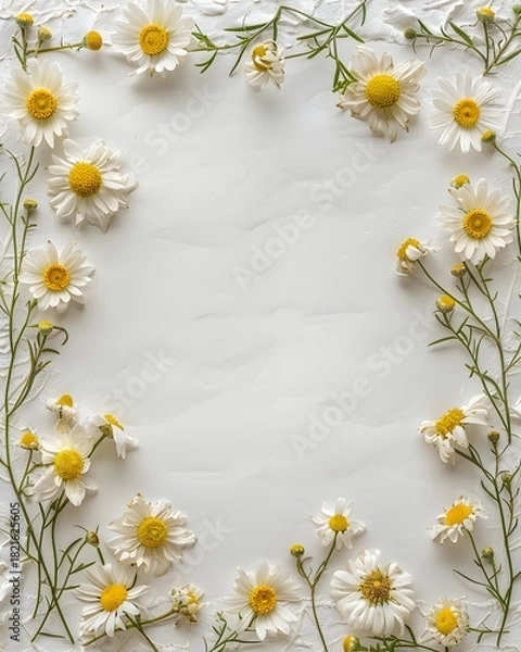 Fototapeta Delicate white daisy flowers border a clean, textured white background, soft lighting