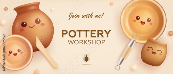 Fototapeta Pottery workshop advertising vector banner design template. Hand made ceramics, clay crockery cartoon 3d illustration. Pottery lesson, ceramic studio, hobby master class invitation layout