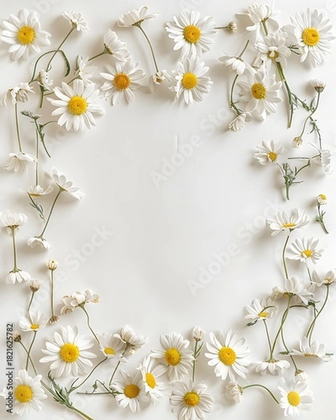 Fototapeta Daisy flowers arranged as a border on a white background, top view