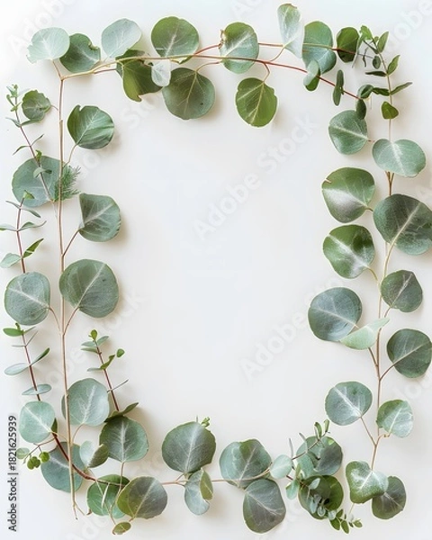 Fototapeta Eucalyptus branch border on white background, natural greenery, copy space in center