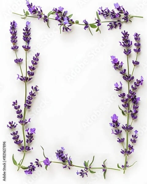Fototapeta Frame of lavender sprigs with purple flowers on a clean white background