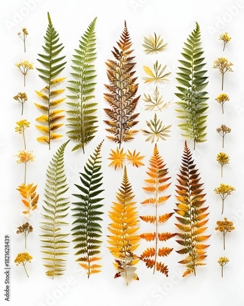 Fototapeta Autumn fern leaves and small yellow flowers arranged on a white background.