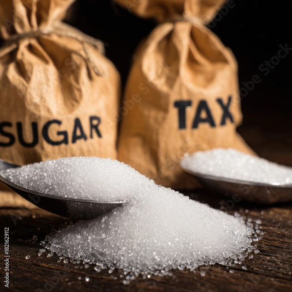 Obraz Sugar tax concept with bags of sugar and spoons on wooden background