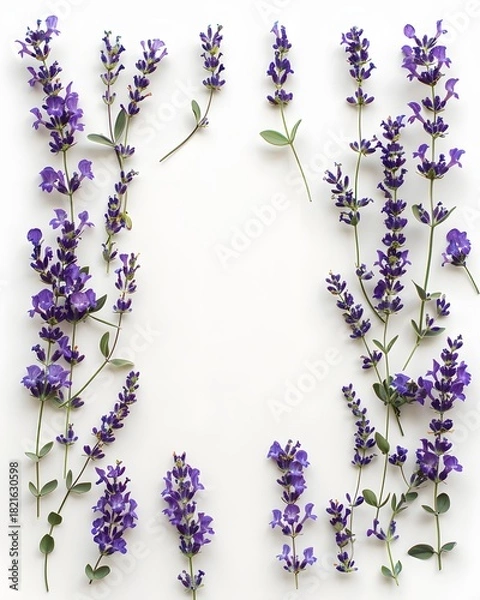 Fototapeta Lavender sprigs arranged on a clean white background, top view, natural arrangement