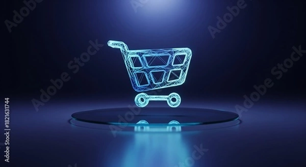 Fototapeta Digital shopping cart icon made from glowing lines floating above plate