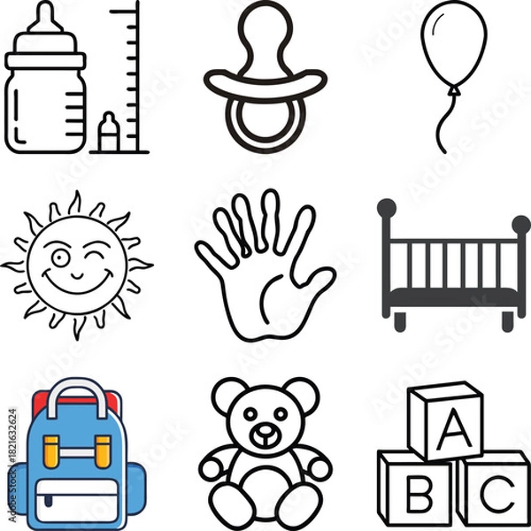 Obraz Nine Baby and Toddler Icon Set: Pacifier, Bottle, Crib, Backpack, Teddy Bear, ABC Blocks, and Sun Symbols. Vector Collection for Nursery and Childhood Design