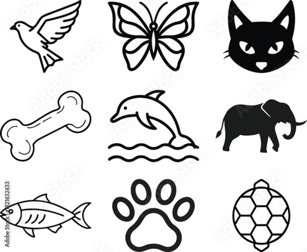 Obraz Nine Baby and Toddler Icon Set Vector — Pacifier, Bottle, Crib, Backpack, Teddy Bear, ABC Blocks, and Sun Symbols for Nursery, Childhood, Kids Products, and Cute Design Themes