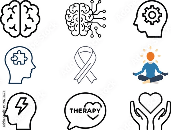 Obraz Psychology and Mental Health Icon Set Vector — Brain, Therapy, Meditation, Awareness Ribbon, Stress, and Cognitive Process Symbols for Counseling, Support, and Wellness Design