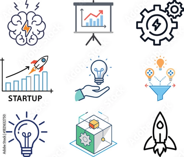 Obraz Business Innovation and Startup Icon Set Vector featuring Ideas, Lightbulbs, Growth Charts, Rocket Launch, Strategy, and Brainstorming Symbols for Project and Company Development