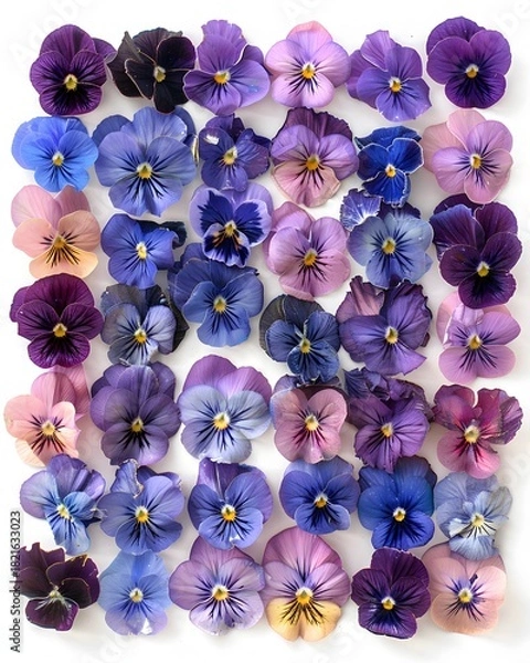 Fototapeta Assorted vibrant pansy flowers arranged in a clean, organized grid pattern on white.