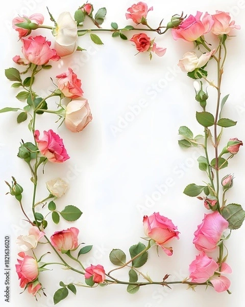 Fototapeta Pink and white roses arranged in a decorative frame on a white background