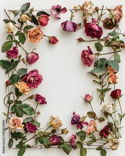 Fototapeta Arrangement of dried roses and leaves forming a border on a white background