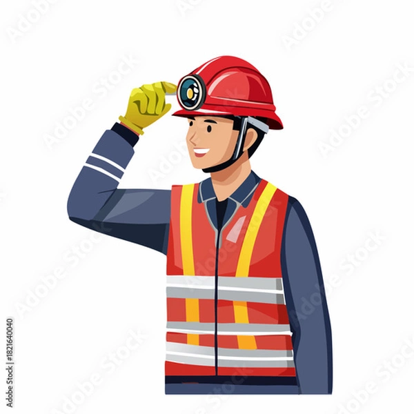 Fototapeta Smiling construction worker adjusts his hard hat on a building site, ensuring safety and precision in his work with a positive and professional attitude.