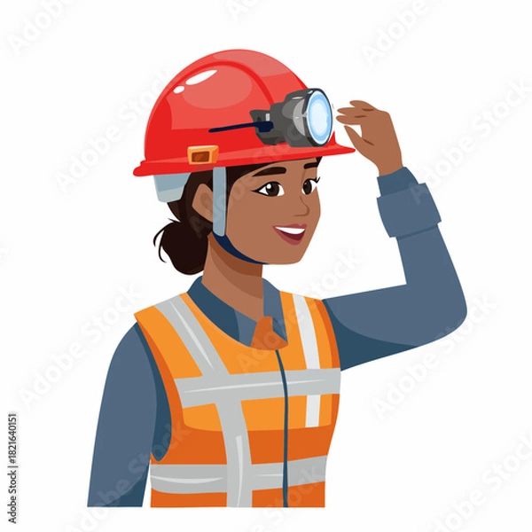 Fototapeta Smiling female construction worker adjusts her hard hat with a headlamp on a building site, showcasing safety and preparedness in the workplace.
