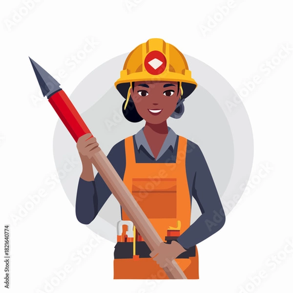 Fototapeta Smiling construction worker holding large pencil in studio, showcasing craftsmanship and dedication to precision with a positive and confident attitude.