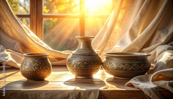 Fototapeta A still-life scene with handmade ceramics, linen fabric, warm sunlight and soft quiet shadows.

