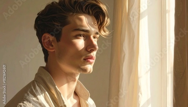 Fototapeta A soft portrait in warm window light with neutral tones, gentle expression and a calm intimate mood.
