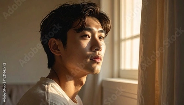 Fototapeta A soft portrait in warm window light with neutral tones, gentle expression and a calm intimate mood.
