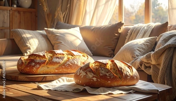 Fototapeta A slow-living breakfast with warm light, wooden table, fresh bread and soft textures creating a calm mood.
