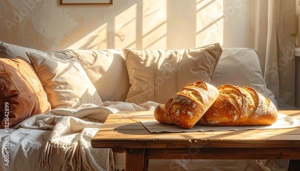 Fototapeta A slow-living breakfast with warm light, wooden table, fresh bread and soft textures creating a calm mood.
