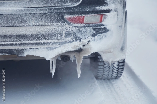 Fototapeta Icicles on the rear bumper of a car near the exhaust pipe in winter