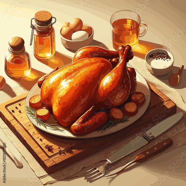 Fototapeta Roasted chicken on a wooden board with spices and drinks on the table