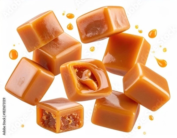 Fototapeta Glossy caramel cubes floating with droplet sprinkles