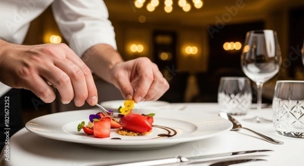 Obraz Chef Carefully Plating an Artistic Gourmet Dessert in a Fine Dining Restaurant Setting
