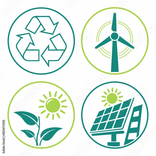 Fototapeta Circular Icons of Green Energy and Recycling Concepts Keywords: green energy, recycling, wind turbine
