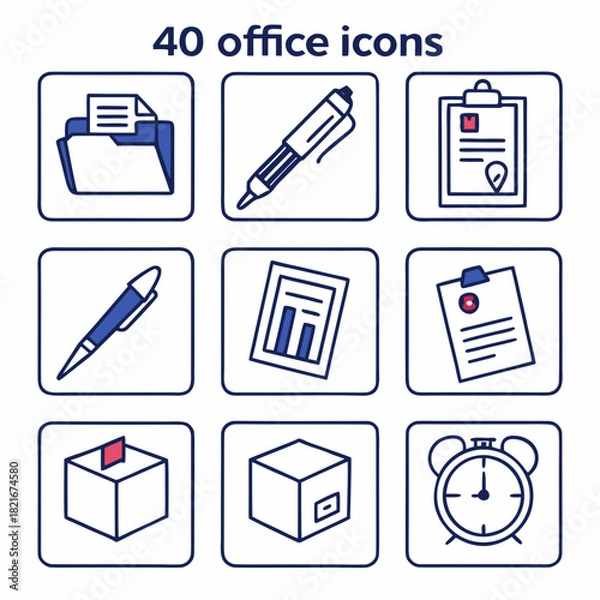 Fototapeta Collection of 40 office icons including folder pen clipboard and alarm clock document