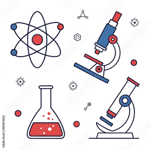 Obraz Colorful science icons atom microscope flask and molecular structures atomic model