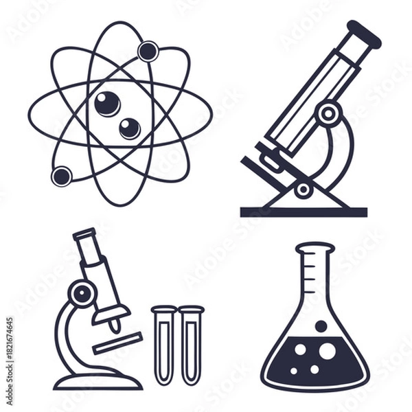 Obraz Black and white science icons atom microscope test tubes and flask atomic model nucleus