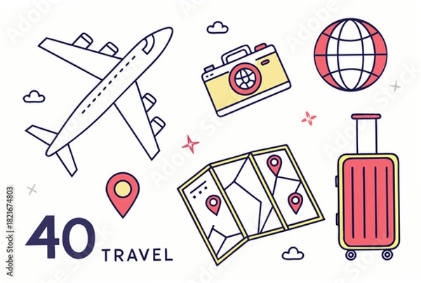Obraz Travel Themed Icons with Airplane Camera Globe Map and Suitcase Keywords: airplane, camera, globe, map