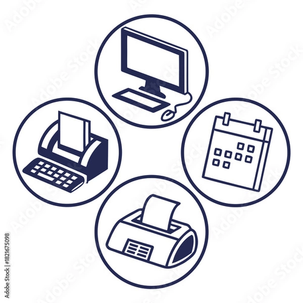 Obraz Four circular icons with office technology and planning elements in dark blue Keywords: office