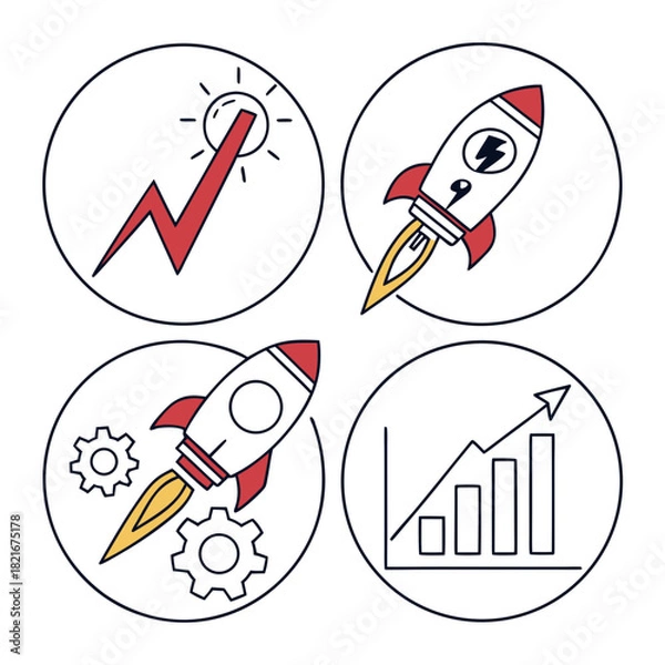 Obraz Business startup concept icons with color lightning rocket and graph launch bolt
