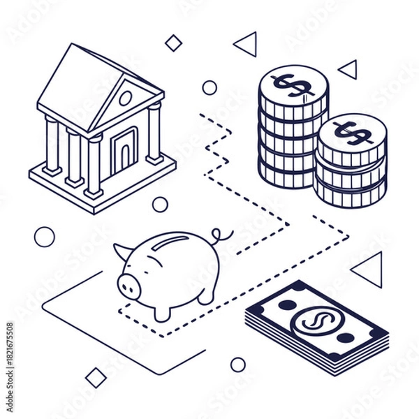 Obraz Isometric financial elements bank coins money and piggy bank illustration Keywords: finance, money