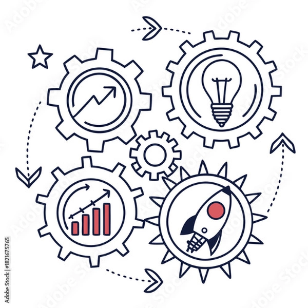 Obraz Business growth concept with gears, rocket, and lightbulb vector illustration