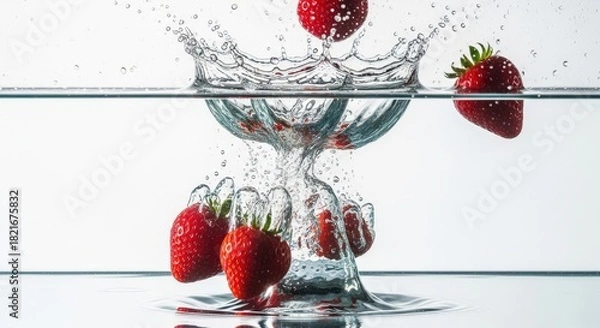 Fototapeta Fresh Strawberries Splashing into Clear Water Creating Bubbles and Ripples in a Bowl