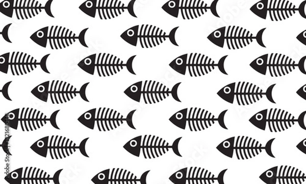 Obraz Seamless Fish Skeleton Pattern. Black and white vector background with repeating fishbone icons for textile and wallpaper design.