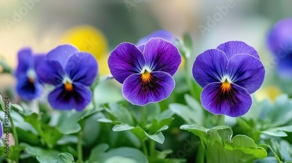 Fototapeta A close-up of colorful spring flowers, like daisies and pansies, growing in a well-maintained garden.