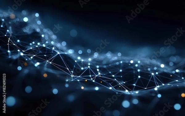 Fototapeta Abstract digital network visualization with glowing blue connections on dark background, representing technology, data, and connectivity concepts.