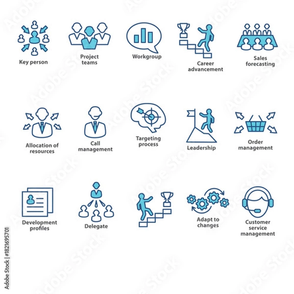 Fototapeta Visual representations of essential business team structures, leadership roles, and collaborative workgroup dynamics presented as modern line icons