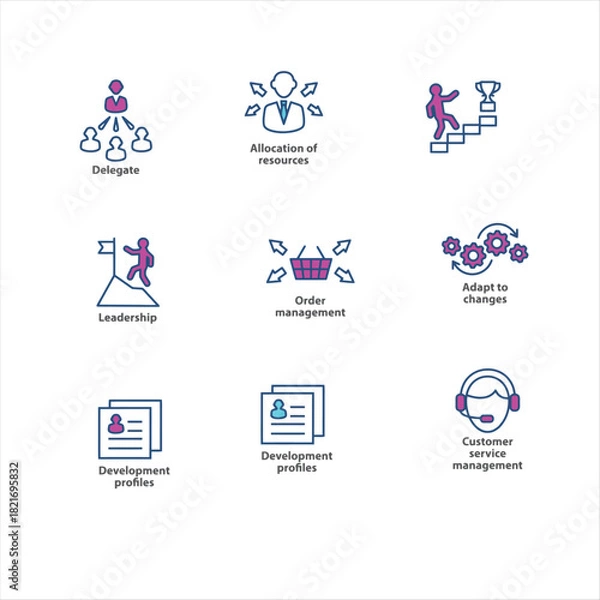 Fototapeta Visual representations of essential business team structures, leadership roles, and collaborative workgroup dynamics presented as modern line icons