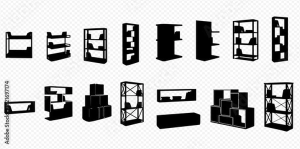 Fototapeta A collection of black silhouette icons depicting various modern and classic shelving units and bookcases for storage.