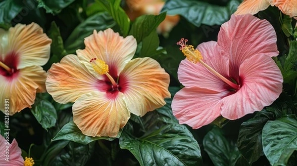 Fototapeta A close-up of exotic flowers in a botanical garden, including tropical blooms like hibiscus and orchids.