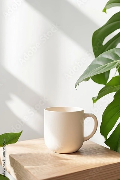 Fototapeta White ceramic mug on a wooden block next to a green monstera plant leaf. Minimalist composition with natural light and soft shadows on a white wall