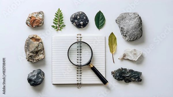 Fototapeta Top view scientific discovery science concept tools, rocks and leaves arranged neatly